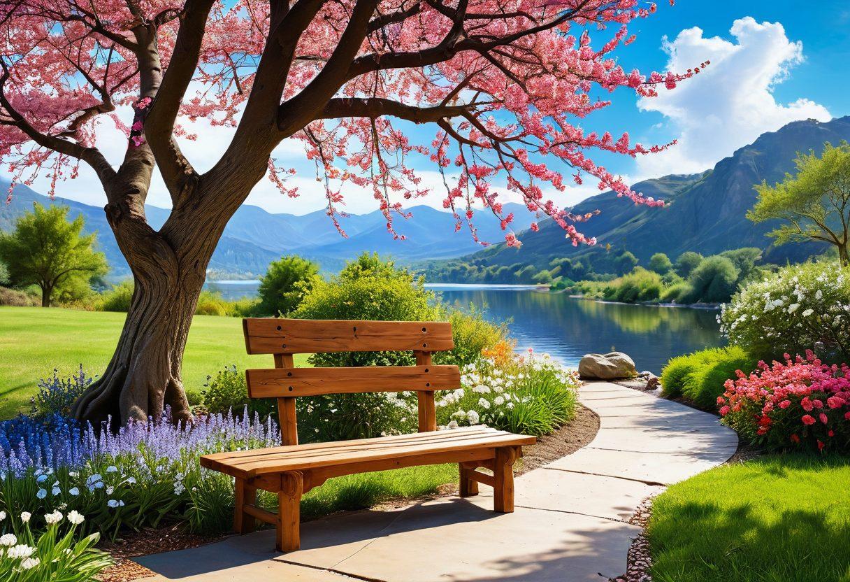A serene landscape featuring a tranquil garden filled with colorful flowers, a small wooden bench under a blooming tree, and a gentle stream flowing nearby. In the background, a bright blue sky with fluffy clouds symbolizes positivity. Include a diverse group of people happily engaging in mindfulness activities like meditation and yoga. The scene should radiate warmth and tranquility, inviting a sense of cheerfulness and emotional well-being. vibrant colors. super-realistic. bright background.